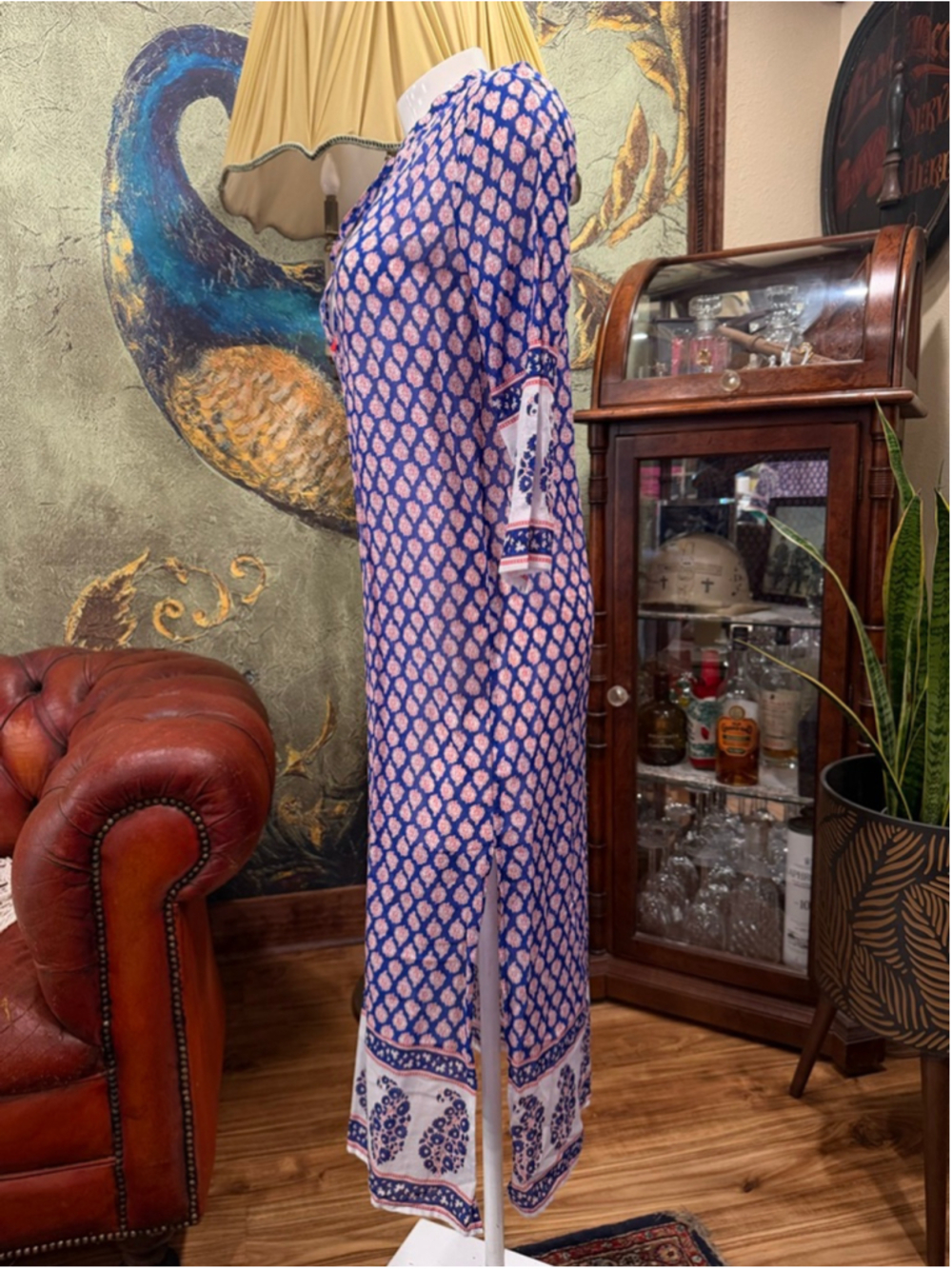 J. Crew Blue Paisley Cotton Caftan Maxi Dress Tassel Tie Boho Coastal XXXS - Picture 5 of 13